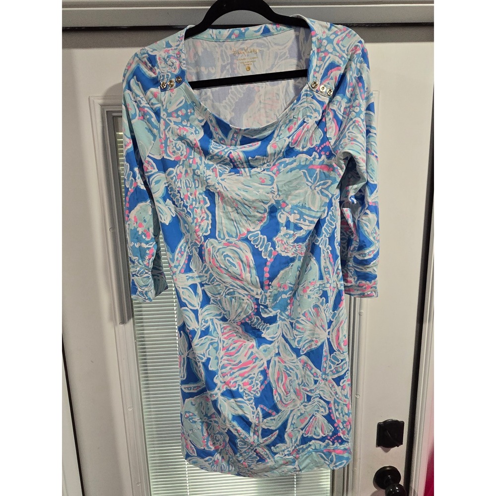 Lilly Pulitzer Dress Large Blue Pink Shells Tunic Gold Button 3/4 Sleeve Shift